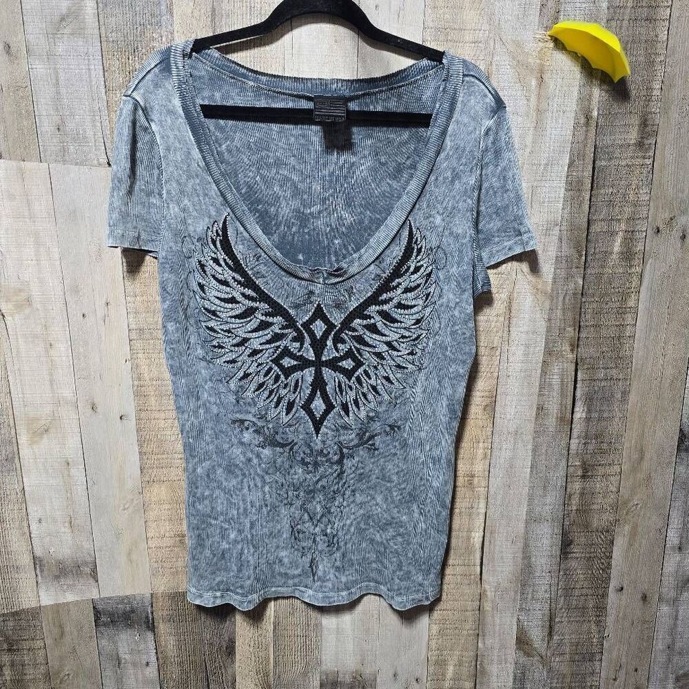 Xtra Cute Vintage Y2K Grey Cross Embellished McBling Tee 1x Alternative Maximali